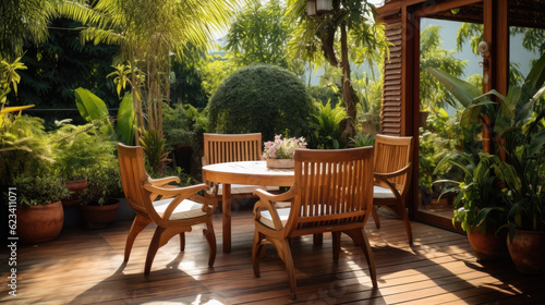 Rustic Elegance  Tranquil Terrace with Stylish Wood Furniture  Wooden Table  and Chairs