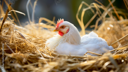 White chicken in the hay. Eco farm with chickens. Broiler chickens. Generative AI.