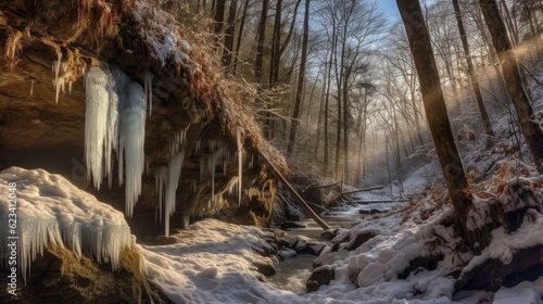 A frozen waterfall cascading down a rocky cliff photo