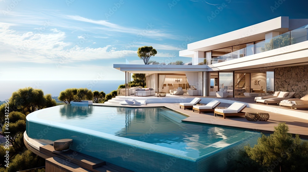 Fototapeta premium A contemporary white house with a pool overlooking the ocean. 