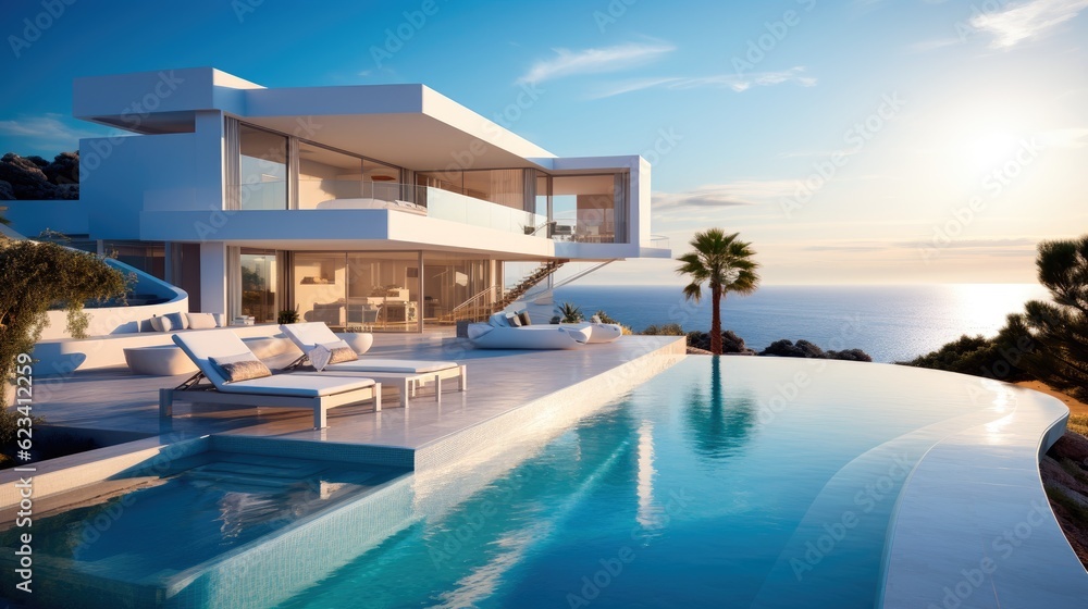 A contemporary white house with a pool overlooking the ocean. 