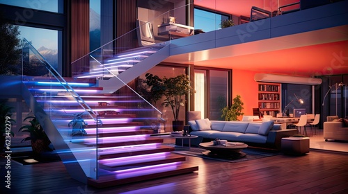 A futuristic entrance hall in an urban retreat, featuring a staircase with sleek and minimalist design.