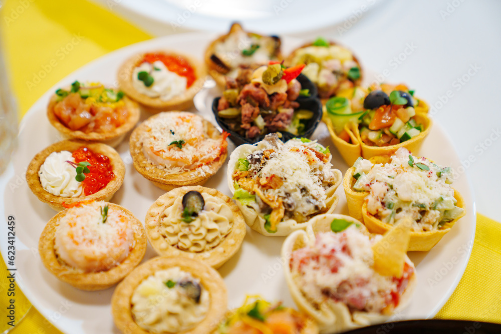 Canapes tartlets with various delicious fillings on a plate. Canapes tartlets with various delicious fillings on a plate.