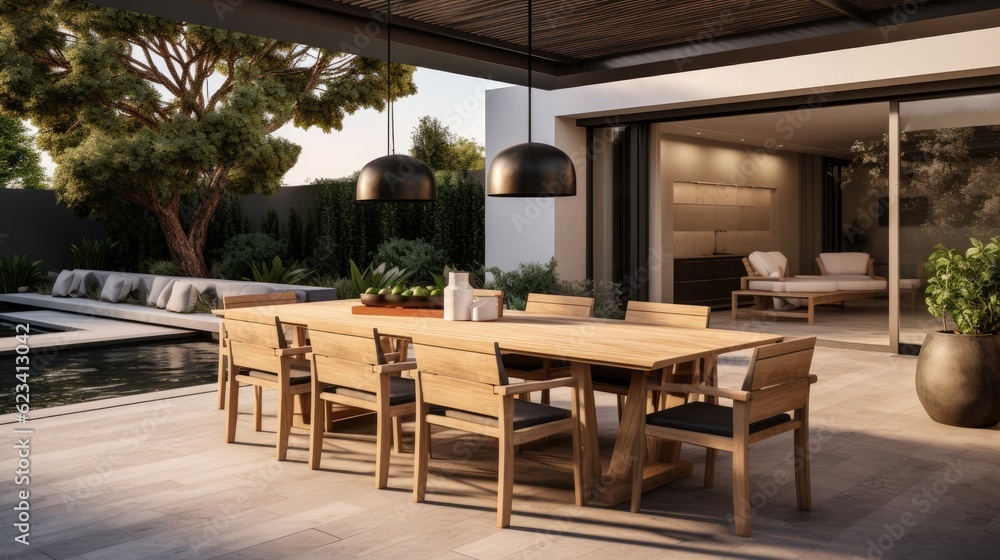 Minimalist outdoor dining area with a wooden table, modern chairs, and pendant lighting, generative ai