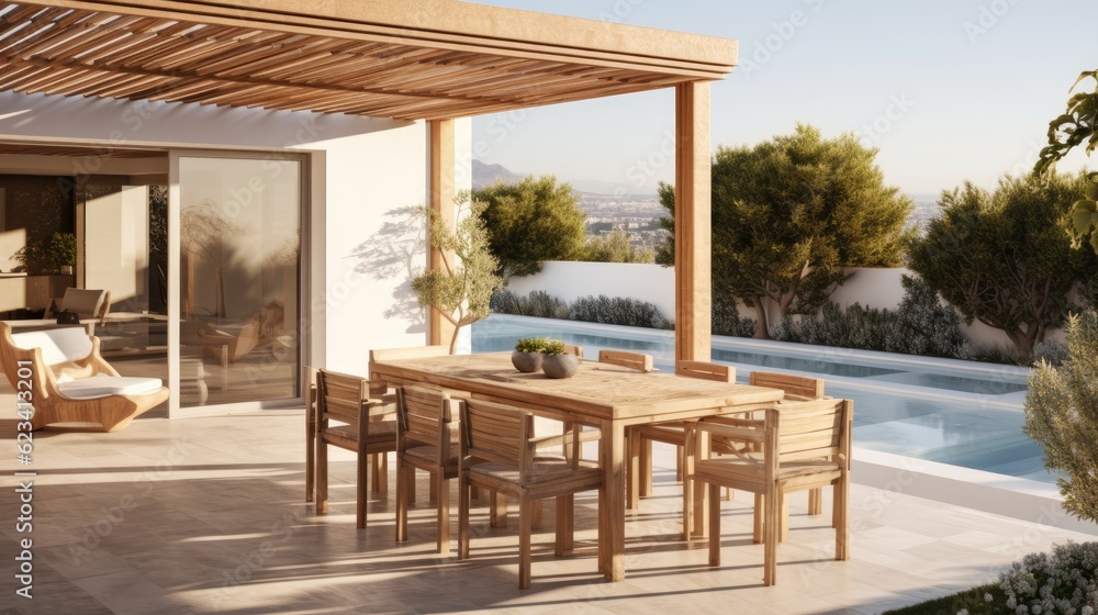 Minimalist outdoor dining area with a wooden table, modern chairs, and pendant lighting, generative ai
