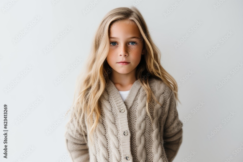 Lifestyle portrait photography of a glad kid female wearing a chic cardigan against a white background. With generative AI technology Lifestyle portrait photography of a glad kid female wearing a chic cardigan against a white background. With generative AI technology