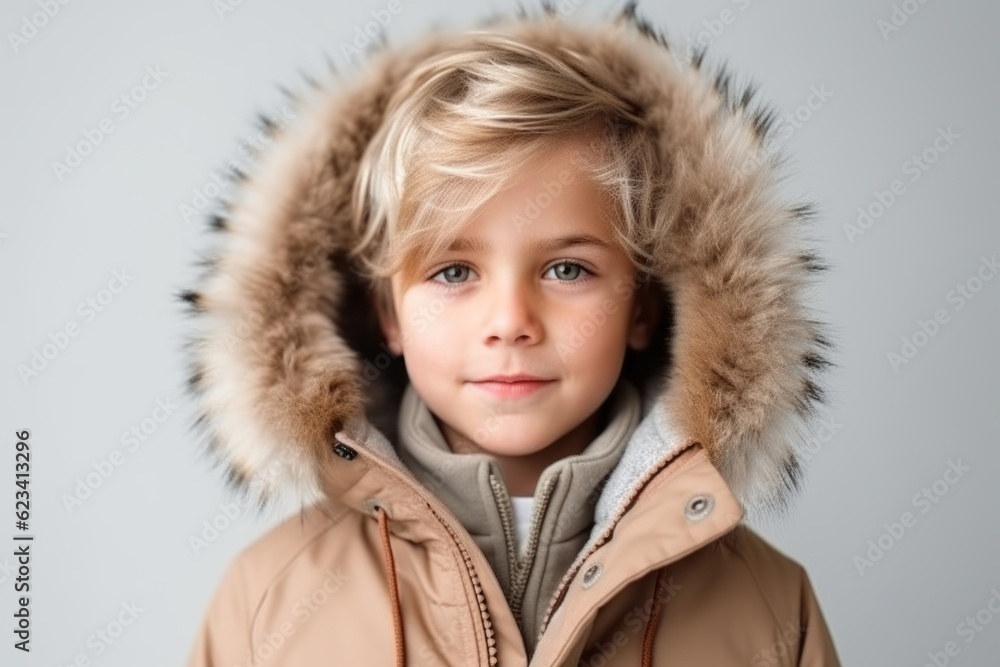 Medium shot portrait photography of a tender kid male wearing a cozy winter coat against a white background. With generative AI technology Medium shot portrait photography of a tender kid male wearing a cozy winter coat against a white background. With generative AI technology