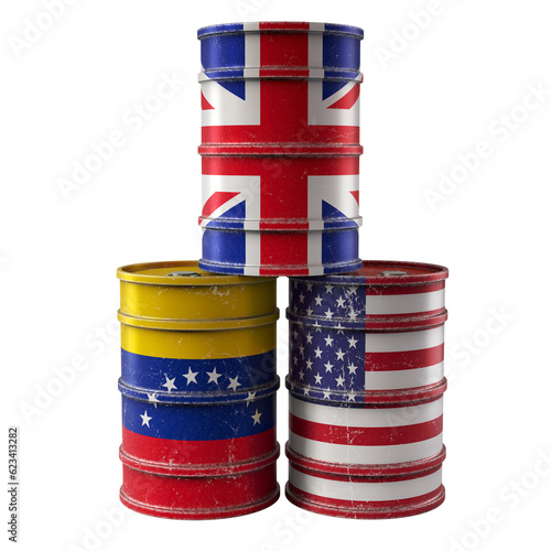 Old Oil Drums with United Kingdom, USA and Venezuela national flags. 3D Rendering