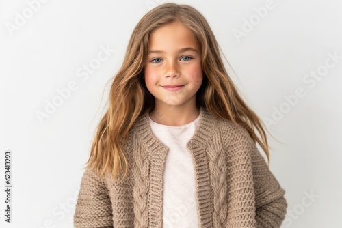 Lifestyle portrait photography of a glad kid female wearing a chic cardigan against a white background. With generative AI technology