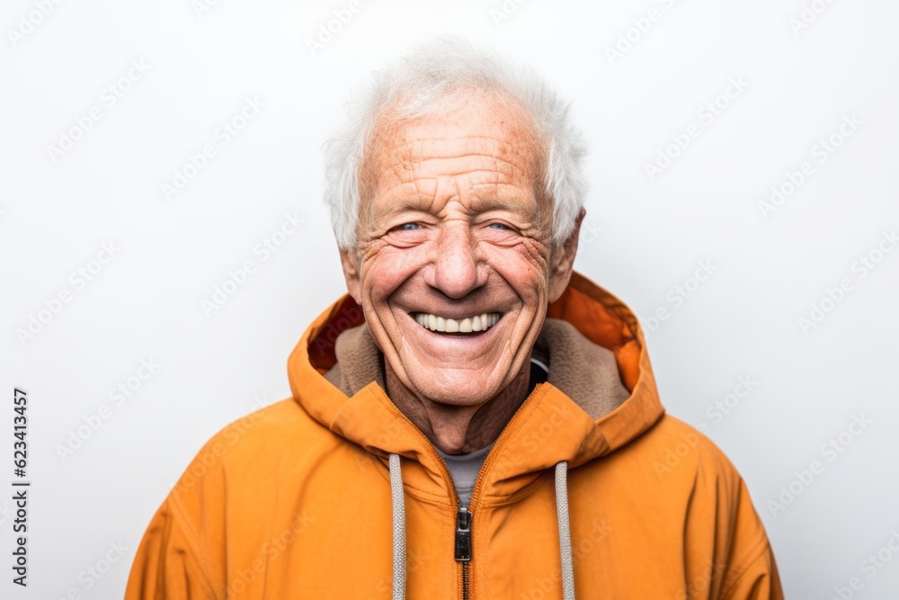 Headshot portrait photography of a grinning old man wearing a cozy zip-up hoodie against a white background. With generative AI technology Headshot portrait photography of a grinning old man wearing a cozy zip-up hoodie against a white background. With generative AI technology