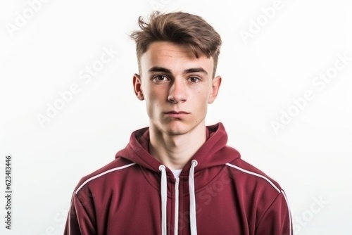 Medium shot portrait photography of a beautiful boy in his 20s wearing a comfortable tracksuit against a white background. With generative AI technology