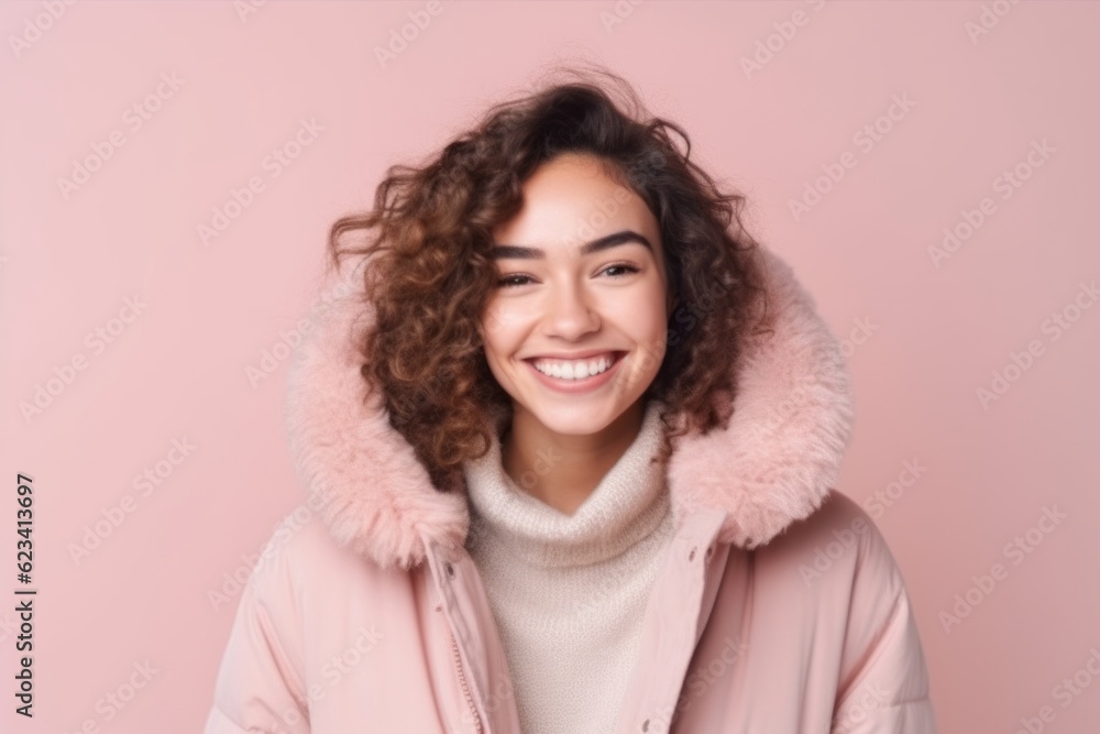 Medium shot portrait photography of a satisfied girl in her 20s wearing a cozy winter coat against a pastel or soft colors background. With generative AI technology Medium shot portrait photography of a satisfied girl in her 20s wearing a cozy winter coat against a pastel or soft colors background. With generative AI technology