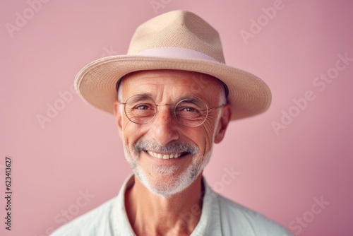 Close-up portrait photography of a happy mature man wearing a stylish sun hat against a pastel or soft colors background. With generative AI technology