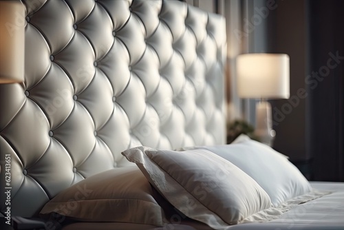 White leather headboard with a quilted white surface, soft white quilted pillow, and coverlet. Clean pillow, comfort, close up of a bed component. Background of quilted headboard and mockup of bedding