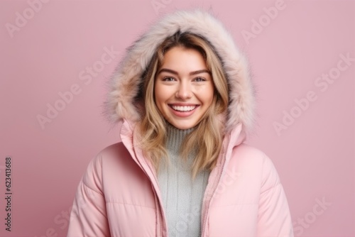 Medium shot portrait photography of a satisfied girl in her 20s wearing a cozy winter coat against a pastel or soft colors background. With generative AI technology