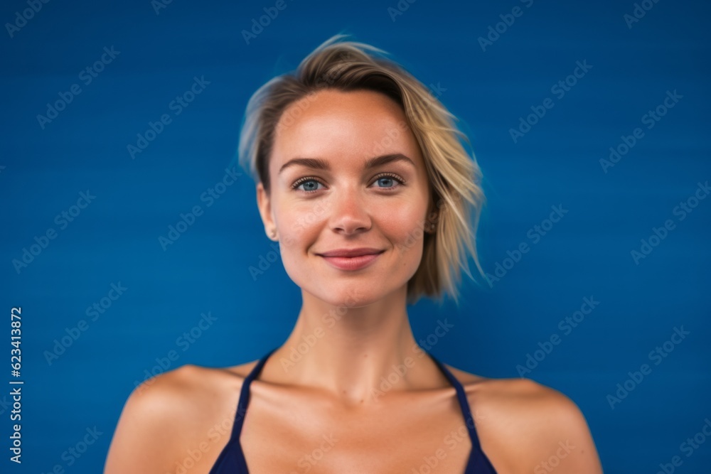 Close-up portrait photography of a glad girl in her 30s wearing a stylish swimsuit against a royal blue background. With generative AI technology Close-up portrait photography of a glad girl in her 30s wearing a stylish swimsuit against a royal blue background. With generative AI technology