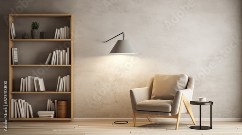 Minimalist reading nook with a cozy armchair, a floor lamp, and a built-in bookshelf, generative ai