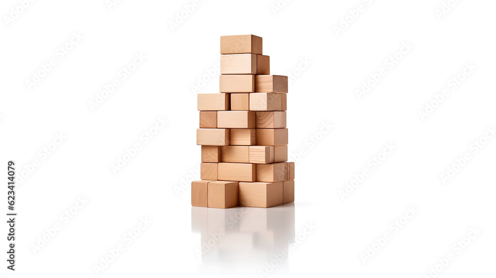 Stack of Wooden Blocks Forming Tower Isolated on White. Building Blocks, Stability Concept, Abstract Simplicity.