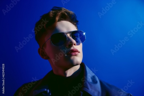 Photography in the style of pensive portraiture of a glad boy in his 20s wearing a trendy sunglasses against a royal blue background. With generative AI technology