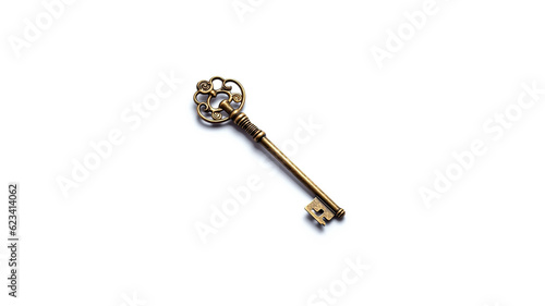 Aged Golden Key on a White Backdrop. Timeless Treasure, Symbol of Secrets, Retro Elegance.