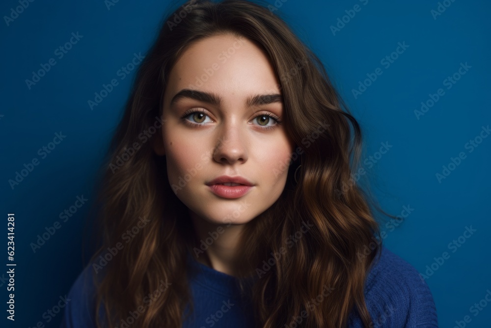 Naklejka premium Close-up portrait photography of a tender girl in her 20s wearing a versatile pair of leggings against a royal blue background. With generative AI technology