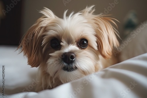Adorable Dog Relaxing on Bed in Cozy Bedroom with Copy Space. Pet and Home Interior Concept