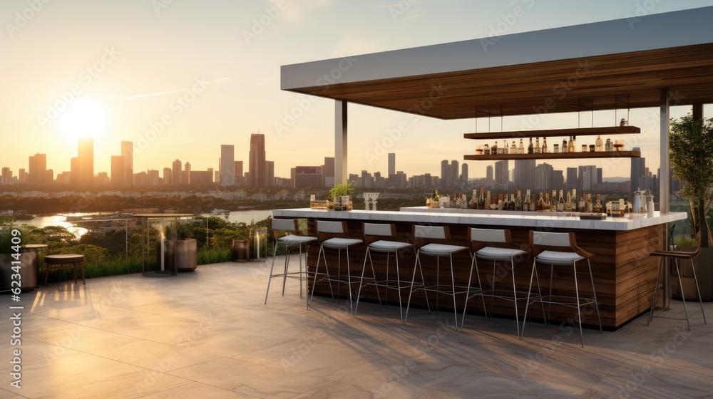 Fototapeta premium Minimalist rooftop bar with a sleek bar counter, bar stools, and panoramic city views, generative ai