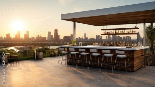 Minimalist rooftop bar with a sleek bar counter, bar stools, and panoramic city views, generative ai © Creative Station