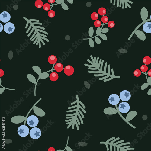 Vector seamless pattern with wild berries cranberries and blueberries 