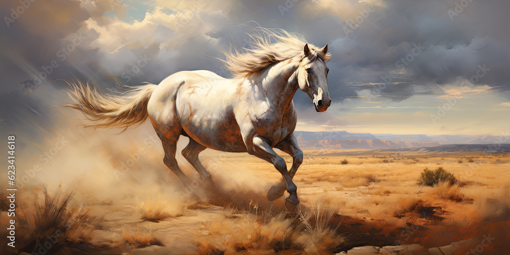 A Horse Galloping Freely Across a Sun-Kissed Prairie - Embracing Strength and Freedom - Capturing the Untamed Essence of a Horse's Majestic Journey   Generative AI Digital Illustration