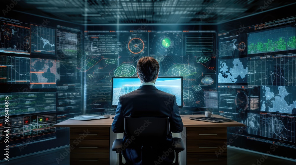 the businessman is sitting at the virtual graph table and making financial analysis Created With Generative AI Technology the businessman is sitting at the virtual graph table and making financial analysis Created With Generative AI Technology