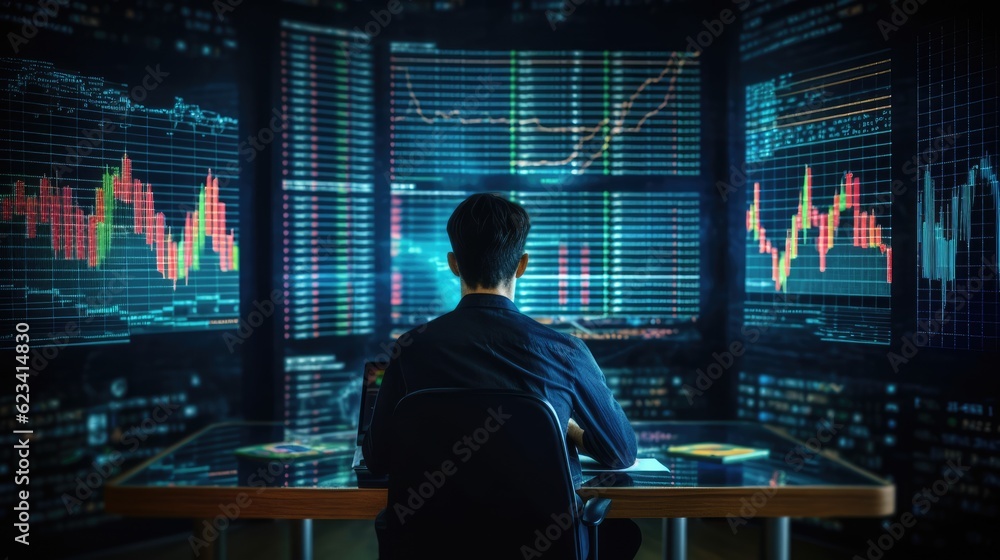 the businessman is sitting at the virtual graph table and making financial analysis Created With Generative AI Technology the businessman is sitting at the virtual graph table and making financial analysis Created With Generative AI Technology