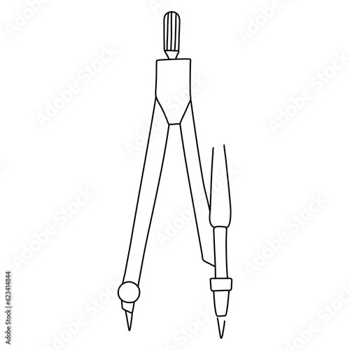 Hand drawn doodle school drawing compass. School tool for drawing circles. Isolated on white background.
