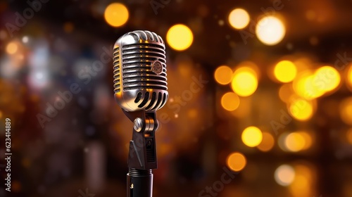 Close-up view of the microphone on stage and bokeh background Created With Generative AI Technology	
