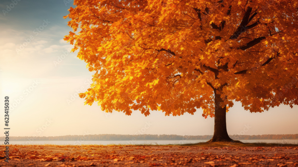 Autumn Serenity: Frame of Maple Leaves in a Sunny Nature Scene with an Empty Tree Bole for Product Presentation