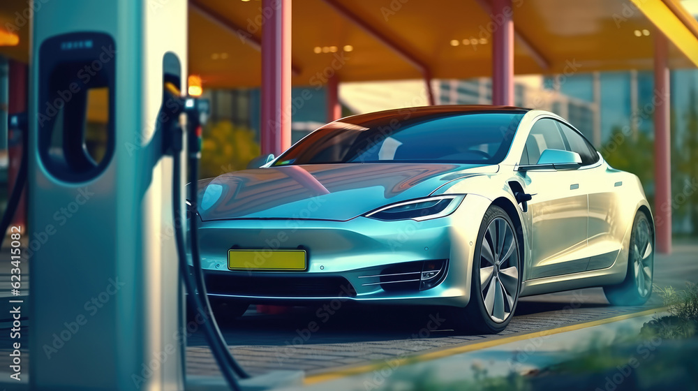 Obraz premium Electric Car Charging Created With Generative AI Technology 