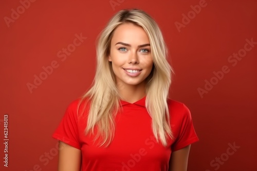 Medium shot portrait photography of a glad girl in her 30s wearing a casual short-sleeve shirt against a red background. With generative AI technology