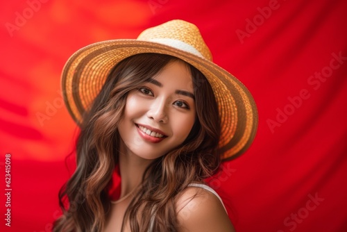 Lifestyle portrait photography of a tender girl in her 30s wearing a trendy bikini and straw hat against a red background. With generative AI technology