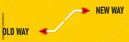 Red paper airplane flying in old way in new way.business life change concept. Different thinking, Business leader, personality development idea concept.