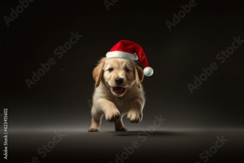 Cute puppy in Santa Claus hat or christmas red cap. Golden Retriever dog. AI generated, human enhanced