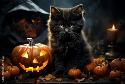 Black cat as a symbol of superstition and pumpkin. Halloween concept. AI generated, human enhanced © top images