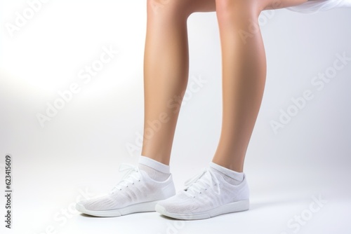 Woman's legs on a light backdrop. Background with selective focus and copy space