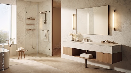 Serene and minimalist bathroom with a freestanding bathtub  large windows  and soft lighting  generative ai