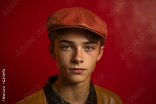 Medium shot portrait photography of a beautiful boy in his 20s wearing a cool cap against a red background. With generative AI technology © Markus Schröder