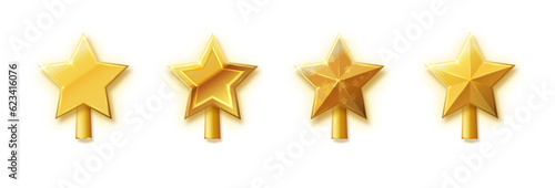 Christmas gold tree topper vector. 3d realistic golden star decoration in deco style, decorative traditional shiny design for top of Xmas pine tree in winter season isolated on white.