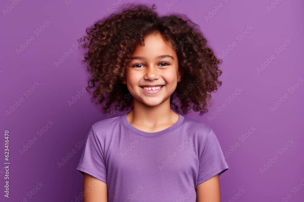 Medium shot portrait photography of a grinning kid female wearing a casual t-shirt against a vibrant purple background. With generative AI technology Medium shot portrait photography of a grinning kid female wearing a casual t-shirt against a vibrant purple background. With generative AI technology