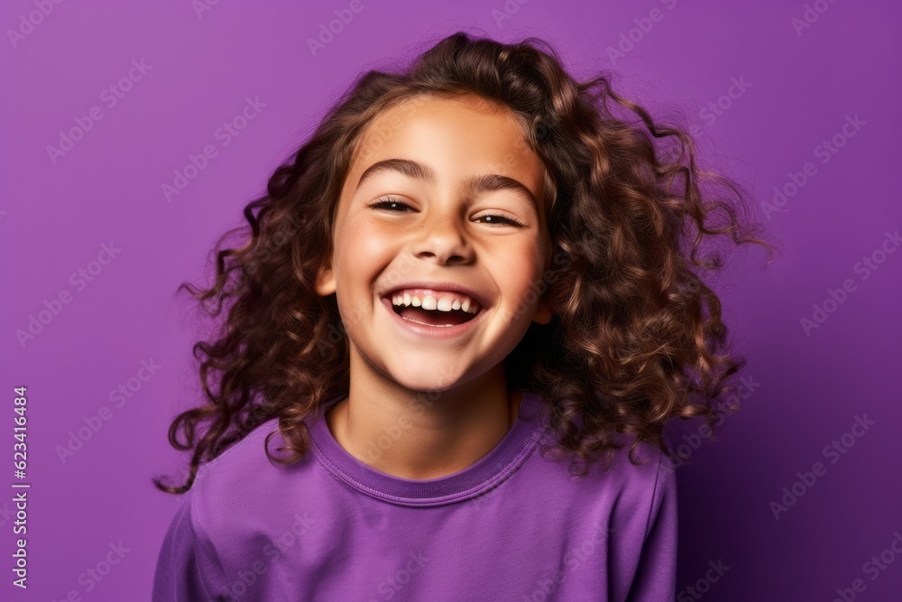 Medium shot portrait photography of a grinning kid female wearing a casual t-shirt against a vibrant purple background. With generative AI technology Medium shot portrait photography of a grinning kid female wearing a casual t-shirt against a vibrant purple background. With generative AI technology