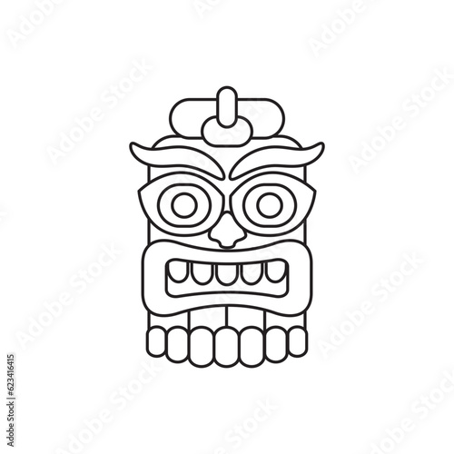 Tiki tribal wooden mask coloring page. Hawaian traditional atribute. Contour black and white silhouette. Vector illustration.