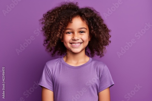 Medium shot portrait photography of a grinning kid female wearing a casual t-shirt against a vibrant purple background. With generative AI technology © Markus Schröder