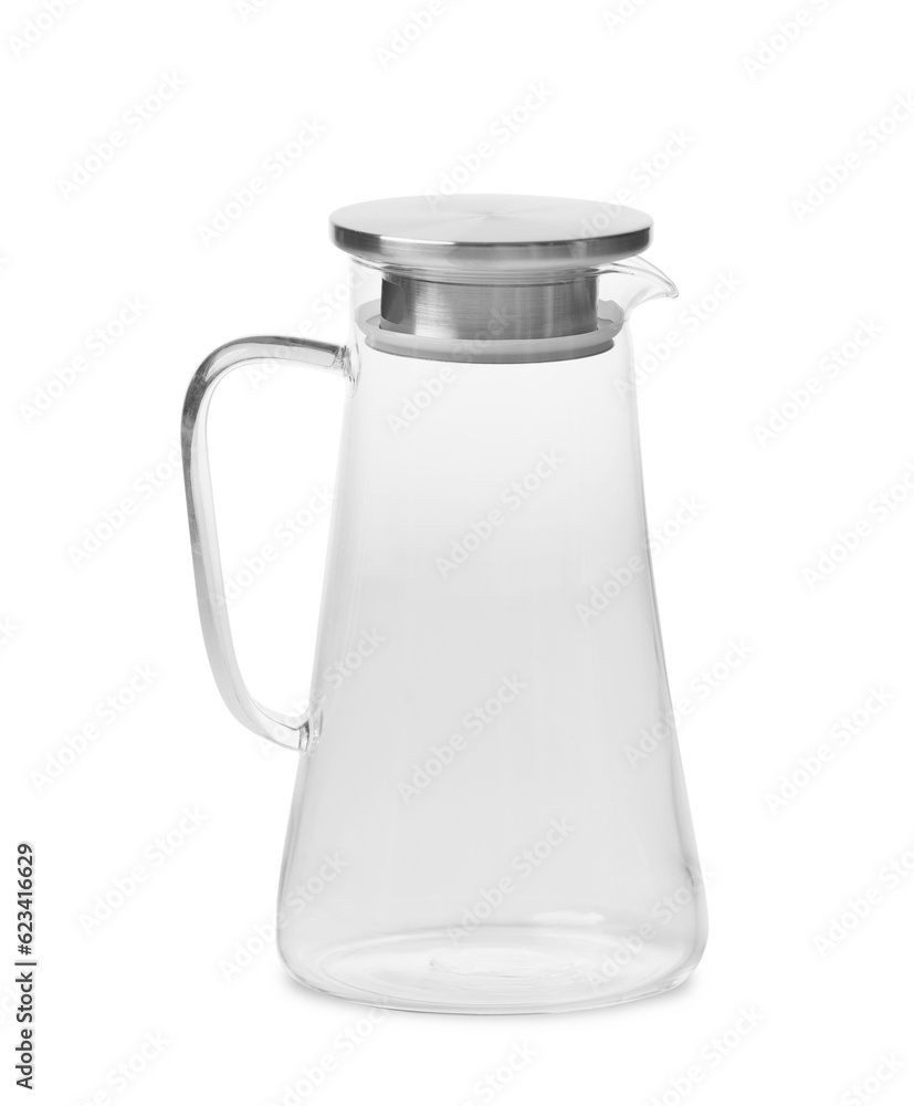 Empty glass jug for milk and drinks with a stainless steel lid on a white background, isolated. Empty glass jug for milk and drinks with a stainless steel lid on a white background, isolated.